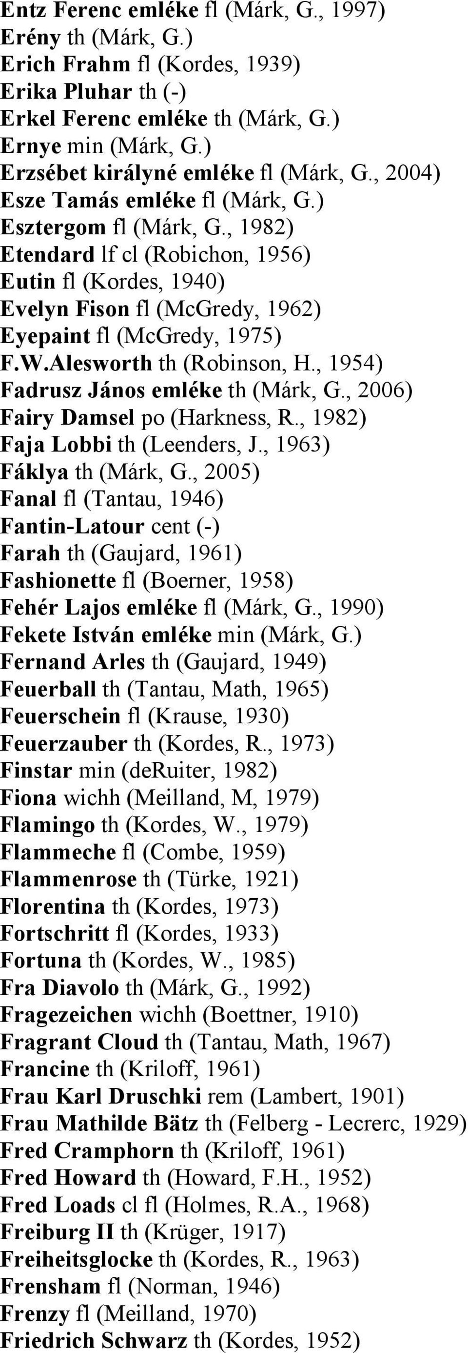 , 1982) Etendard lf cl (Robichon, 1956) Eutin fl (Kordes, 1940) Evelyn Fison fl (McGredy, 1962) Eyepaint fl (McGredy, 1975) F.W.Alesworth th (Robinson, H., 1954) Fadrusz János emléke th (Márk, G.