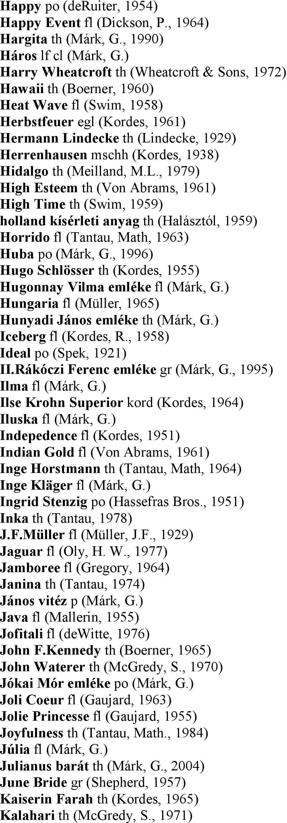 1938) Hidalgo th (Meilland, M.L., 1979) High Esteem th (Von Abrams, 1961) High Time th (Swim, 1959) holland kísérleti anyag th (Halásztól, 1959) Horrido fl (Tantau, Math, 1963) Huba po (Márk, G.