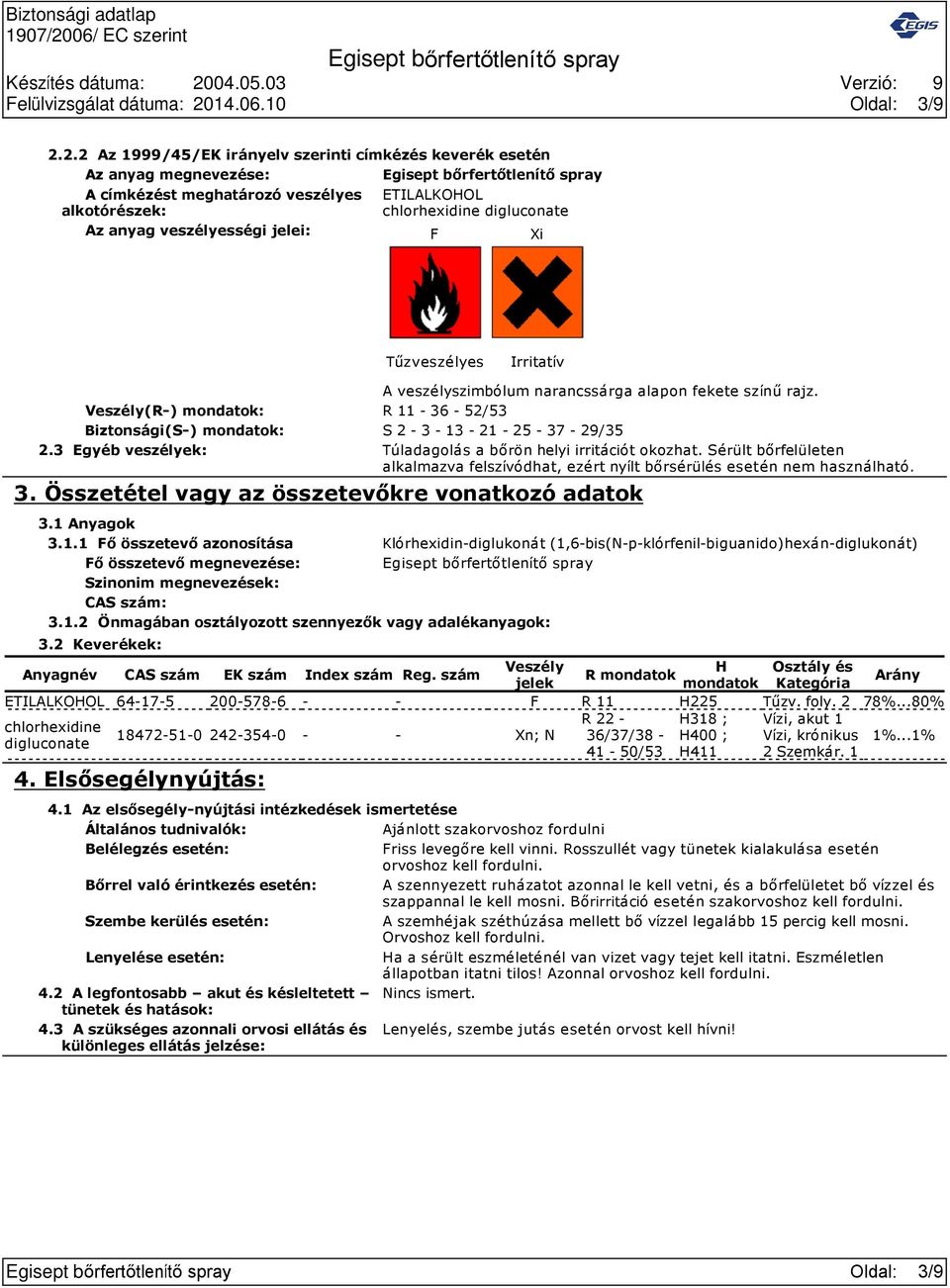 2.2 Az 1999/45/EK irányelv szerinti címkézés keverék esetén Az anyag megnevezése: A címkézést meghatározó veszélyes alkotórészek: Az anyag veszélyességi jelei: ETILALKOHOL chlorhexidine digluconate F