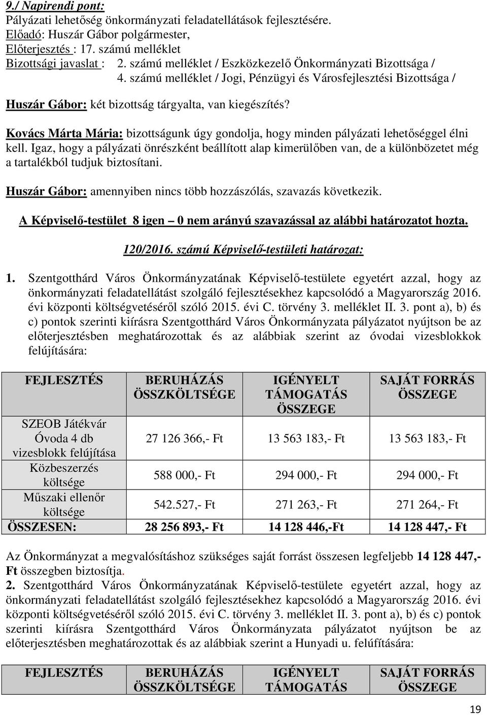 Igaz, hogy a pályázati önrészként beállított alap kimerülőben van, de a különbözetet még a tartalékból tudjuk biztosítani. Huszár Gábor: amennyiben nincs több hozzászólás, szavazás következik.