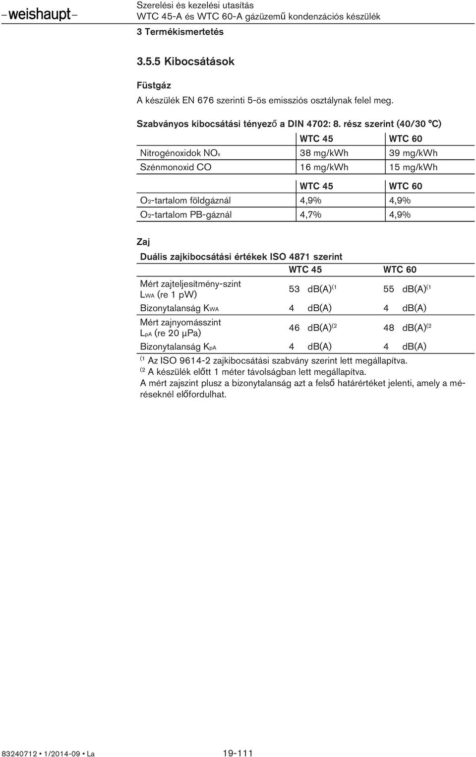 Duális zajkibocsátási értékek ISO 4871 szerint WTC 45 WTC 60 Mért zajteljesítmény-szint LWA (re 1 pw) 53 db(a) (1 55 db(a) (1 Bizonytalanság KWA 4 db(a) 4 db(a) Mért zajnyomásszint LpA (re 20 µpa) 46
