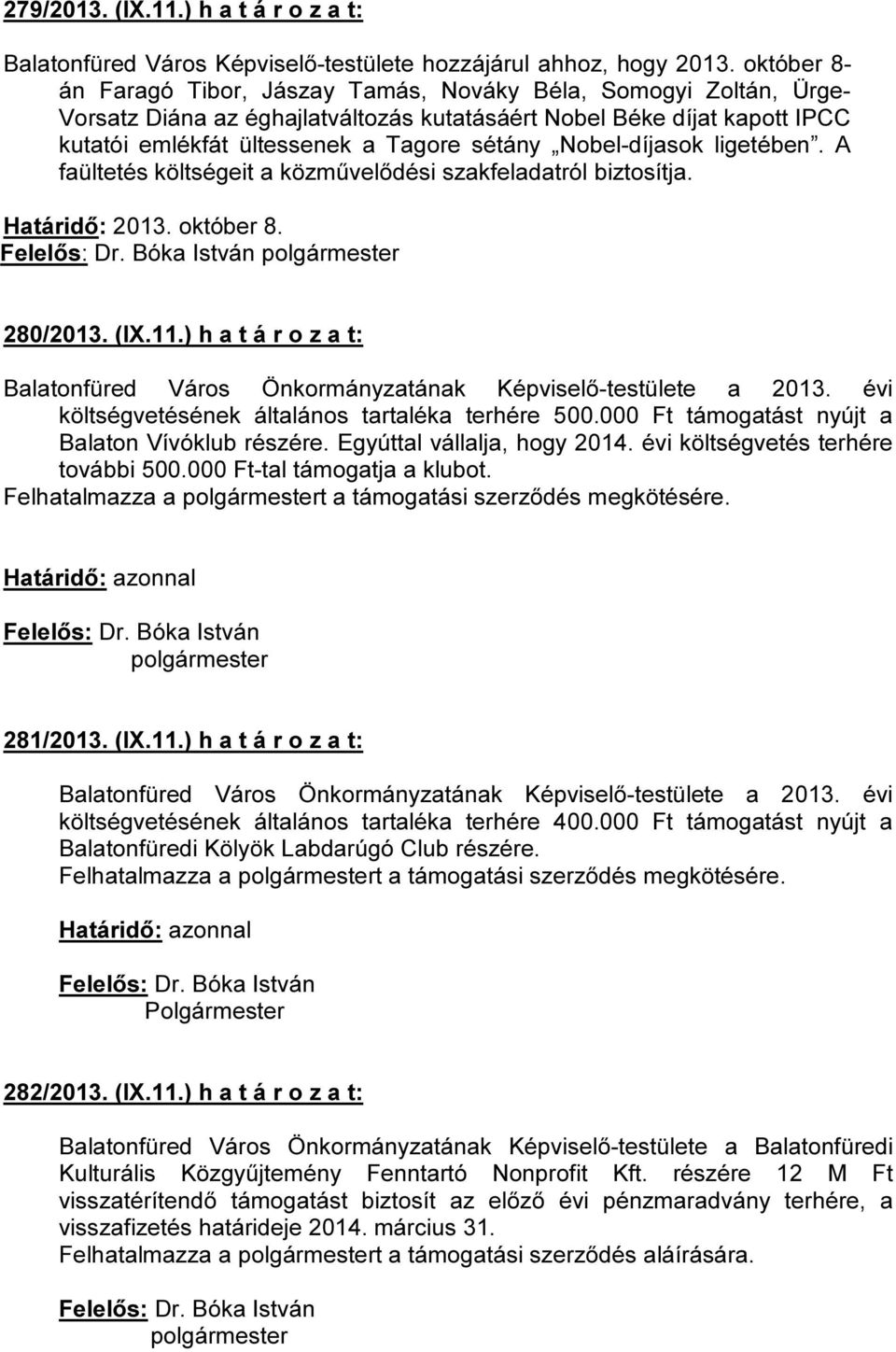 Nobel-díjasok ligetében. A faültetés költségeit a közművelődési szakfeladatról biztosítja. Határidő: 2013. október 8. 280/2013. (IX.11.