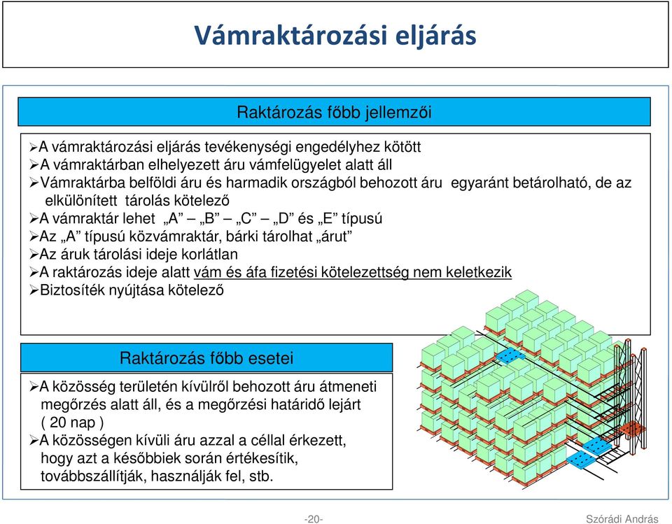 ideje korlátlan A raktározás ideje alatt vám és áfa fizetési kötelezettség nem keletkezik Biztosíték nyújtása kötelező Raktározás főbb esetei A közösség területén kívülről behozott áru