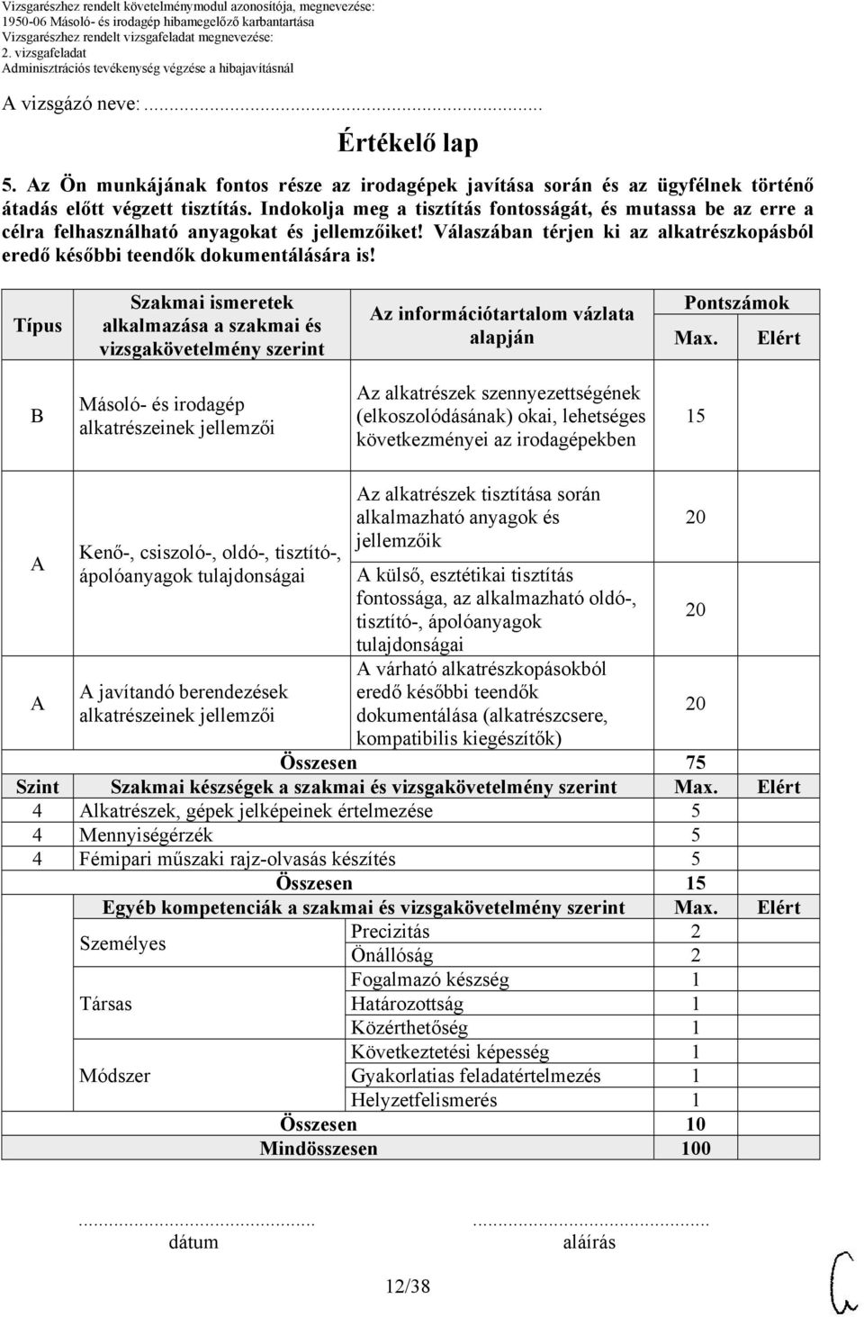Típus Szakmai ismeretek alkalmazása a szakmai és vizsgakövetelmény szerint z információtartalom vázlata alapján Pontszámok Max.