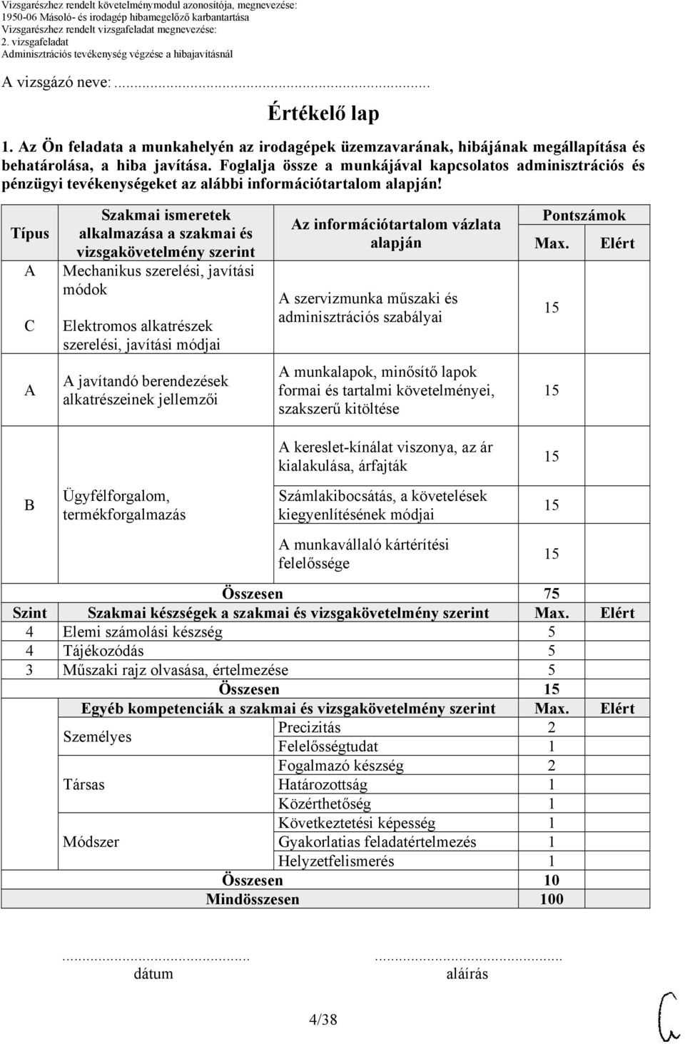 Típus C Szakmai ismeretek alkalmazása a szakmai és vizsgakövetelmény szerint Mechanikus szerelési, javítási módok Elektromos alkatrészek szerelési, javítási módjai z információtartalom vázlata