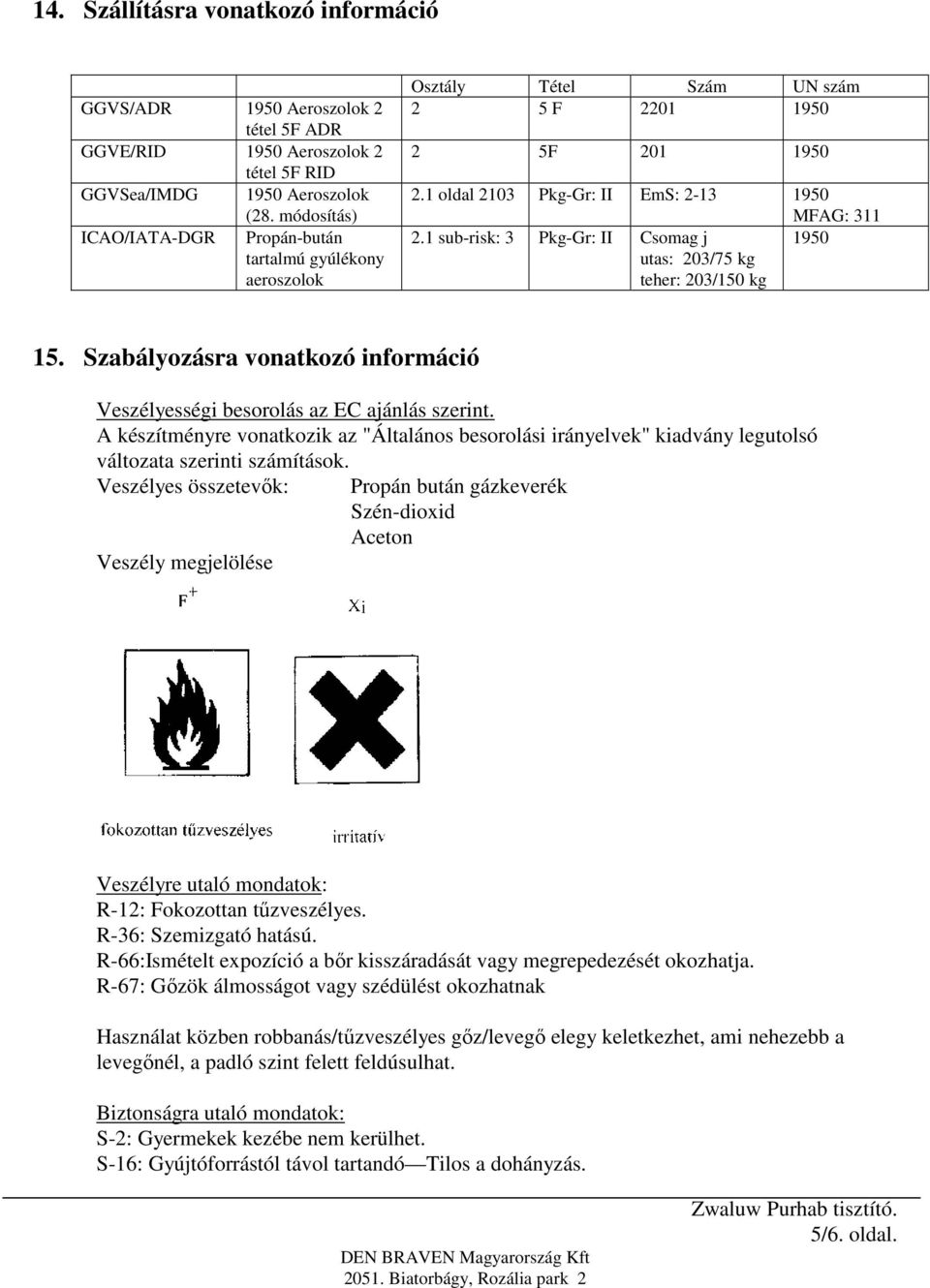 1 sub-risk: 3 Pkg-Gr: II Csomag j 1950 utas: 203/75 kg teher: 203/150 kg 15. Szabályozásra vonatkozó információ Veszélyességi besorolás az EC ajánlás szerint.