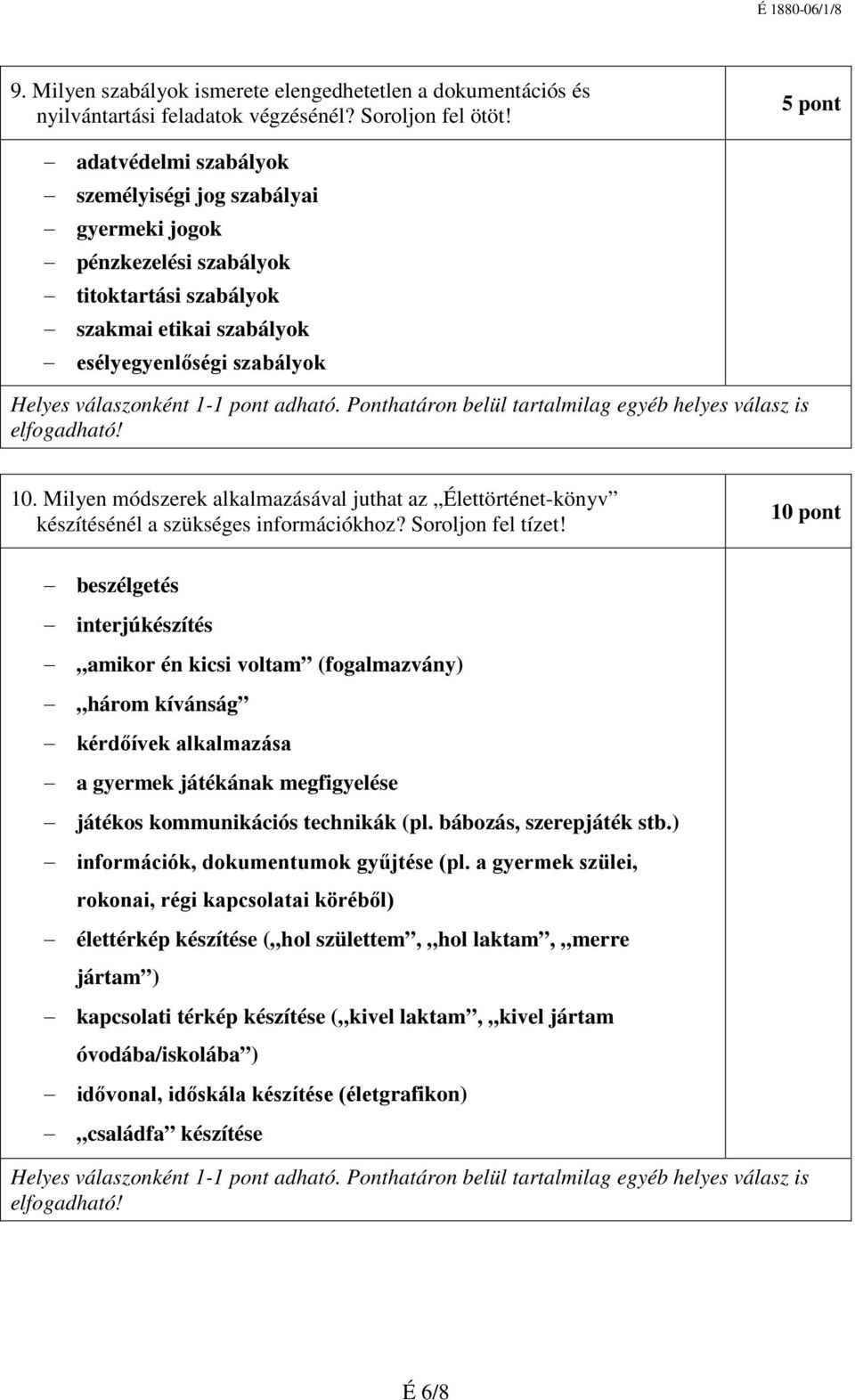 adható. Ponthatáron belül tartalmilag egyéb helyes válasz is 10. Milyen módszerek alkalmazásával juthat az Élettörténet-könyv készítésénél a szükséges információkhoz? Soroljon fel tízet!