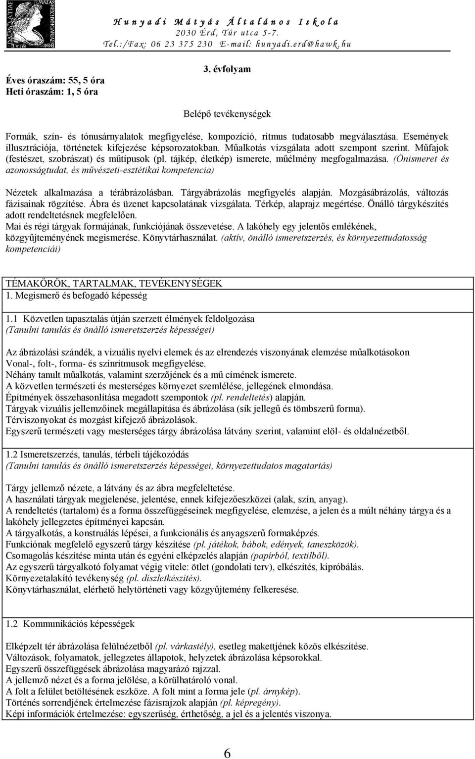 tájkép, életkép) ismerete, műélmény megfogalmazása. (Önismeret és azonosságtudat, és művészeti-esztétikai kompetencia) Nézetek alkalmazása a térábrázolásban. Tárgyábrázolás megfigyelés alapján.