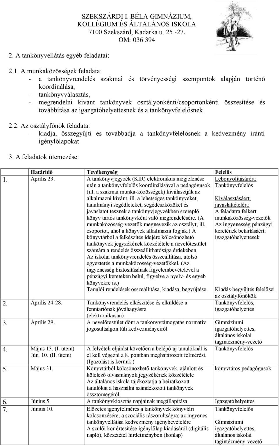 összesítése és továbbítása az igazgatóhelyettesnek és a tankönyvfelelősnek 2.2. Az osztályfőnök feladata: - kiadja, összegyűjti és továbbadja a tankönyvfelelősnek a kedvezmény iránti igénylőlapokat 3.