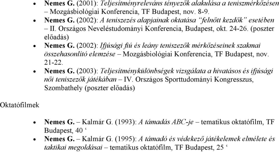 (2002): Ifjúsági fiú és leány teniszezők mérkőzéseinek szakmai összehasonlító elemzése Mozgásbiológiai Konferencia, TF Budapest, nov. 21-22. Nemes G.
