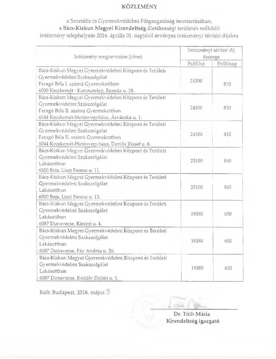 KÖZLEMÉNY. Intézményi térítési díj Összege Ft/fő/hó Ft/fő/nap. Intézmény  megnevezése (címe) - PDF Ingyenes letöltés