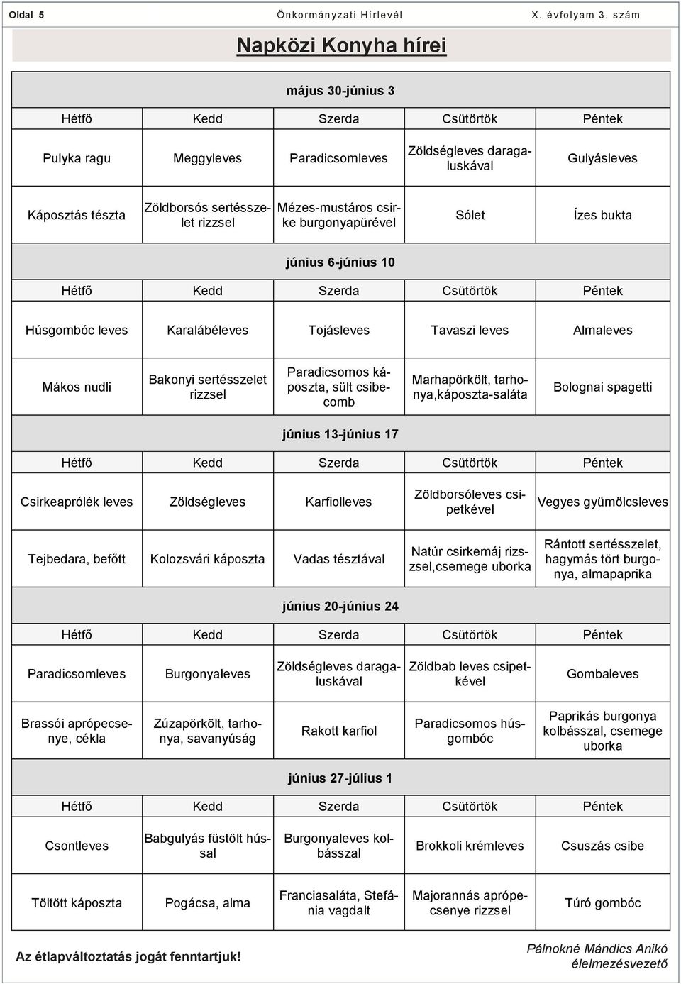 Mákos nudli Bakonyi sertésszelet rizzsel Paradicsomos káposzta, sült csibecomb Marhapörkölt, tarhonya,káposzta-saláta Bolognai spagetti június 13-június 17 Hétfő Kedd Szerda Csütörtök Péntek