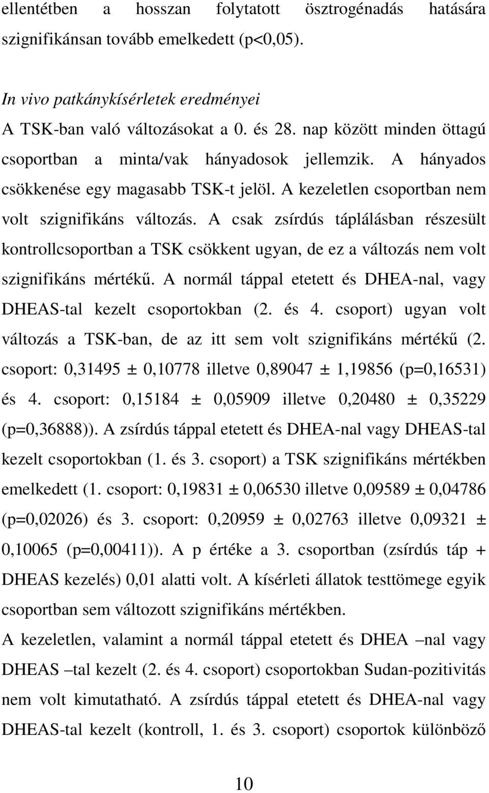 A csak zsírdús táplálásban részesült kontrollcsoportban a TSK csökkent ugyan, de ez a változás nem volt szignifikáns mértékű.
