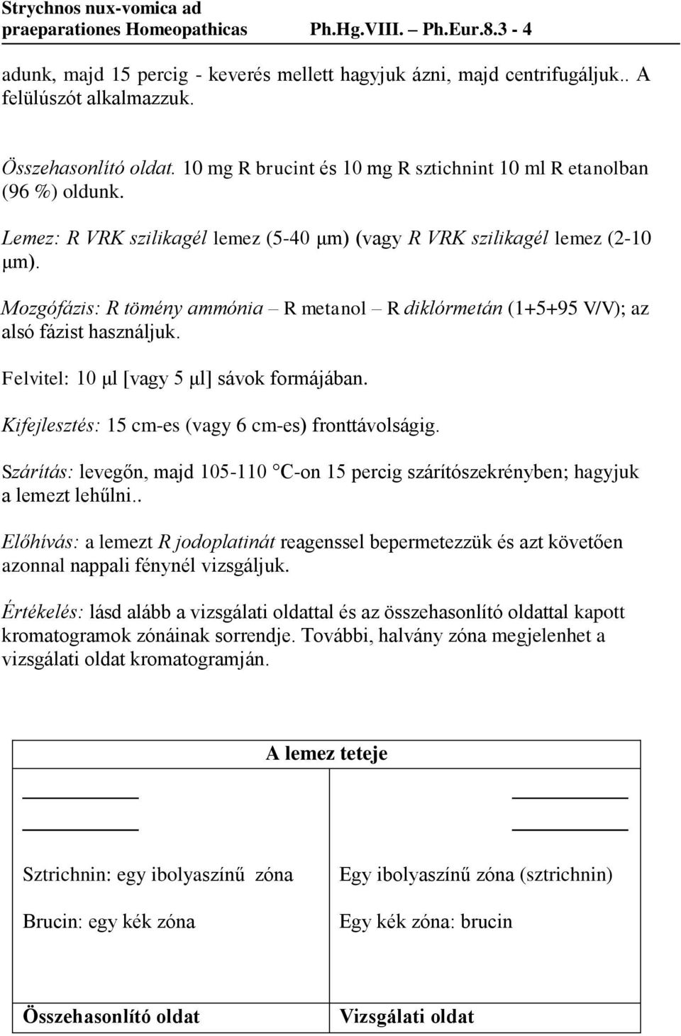 Mozgófázis: R tömény ammónia R metanol R diklórmetán (1+5+95 V/V); az alsó fázist használjuk. Felvitel: 10 μl [vagy 5 μl] sávok formájában. Kifejlesztés: 15 cm-es (vagy 6 cm-es) fronttávolságig.