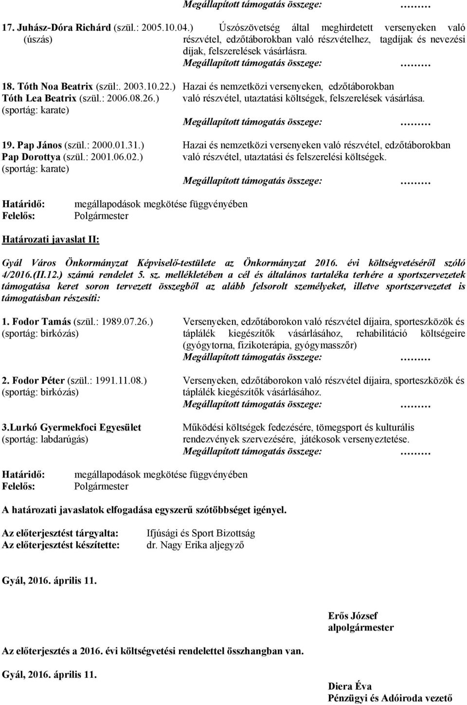 ) Hazai és nemzetközi versenyeken, edzőtáborokban Tóth Lea Beatrix (szül.: 2006.08.26.) való részvétel, utaztatási költségek, felszerelések vásárlása. (sportág: karate) 19. Pap János (szül.: 2000.01.