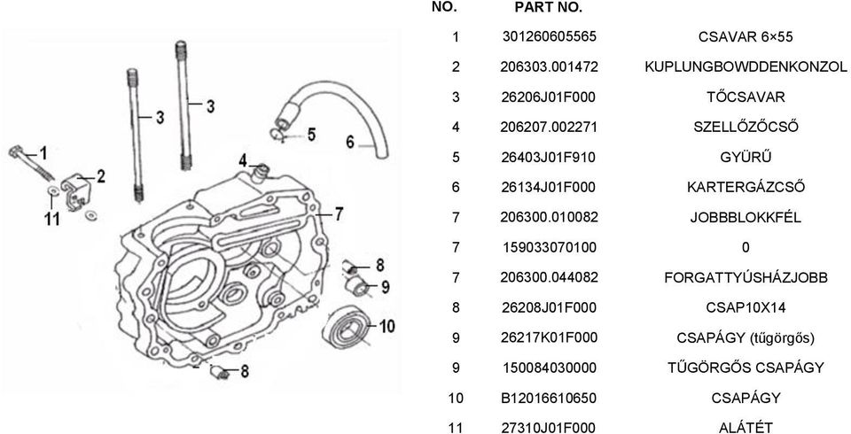 002271 SZELLŐZŐCSŐ 5 26403J01F910 GYÜRŰ 6 26134J01F000 KARTERGÁZCSŐ 7 206300.