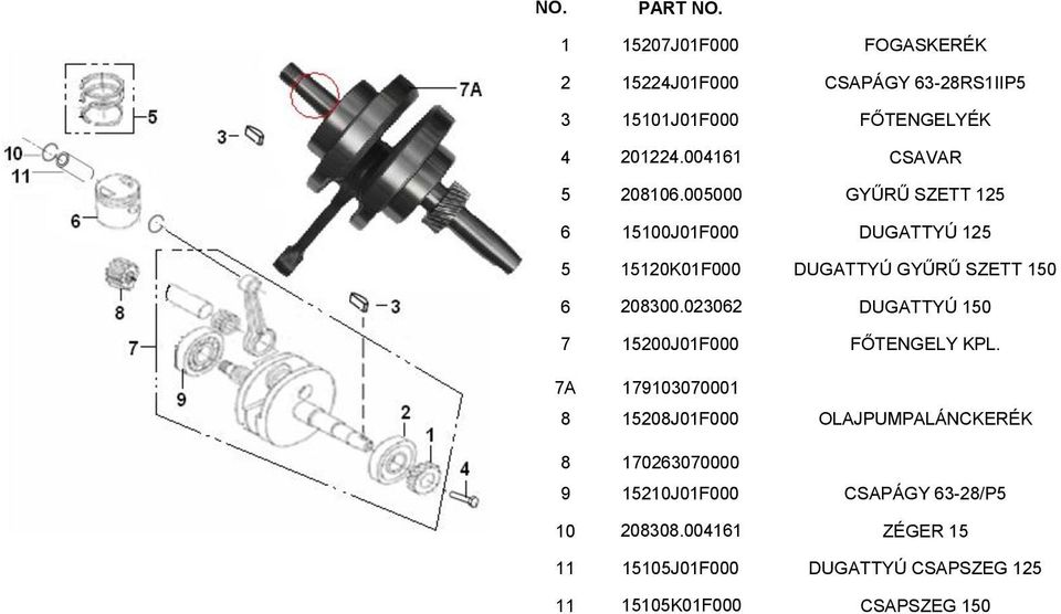 005000 GYŰRŰ SZETT 125 6 15100J01F000 DUGATTYÚ 125 5 15120K01F000 DUGATTYÚ GYŰRŰ SZETT 150 6 208300.