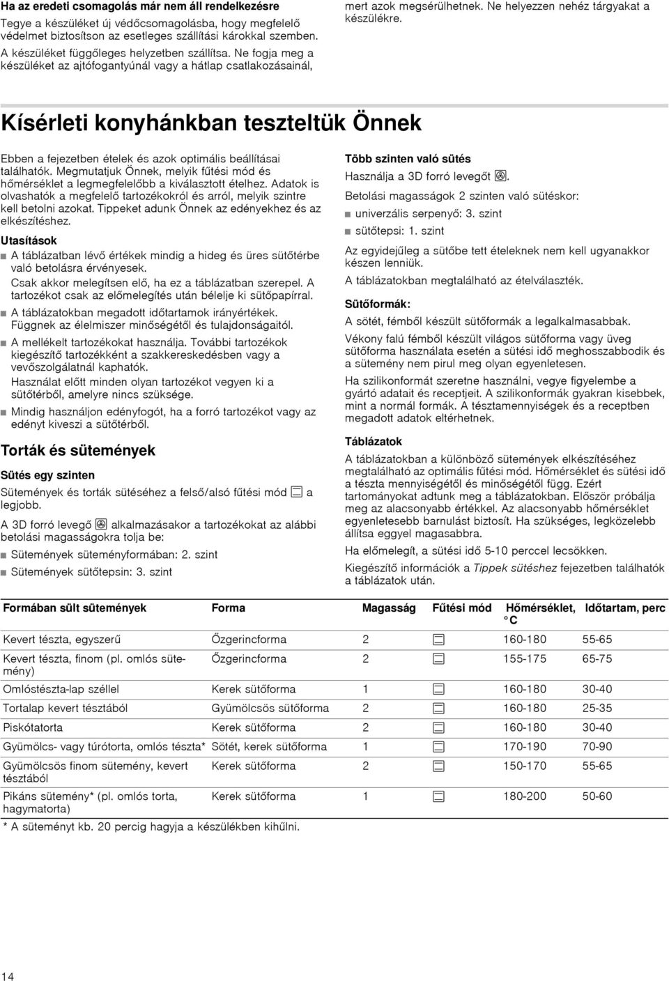 Kísérleti konyhánkban teszteltük Önnek Ebben a fejezetben ételek és azok optimális beállításai találhatók. Megmutatjuk Önnek, melyik fűtési mód és hőmérséklet a legmegfelelőbb a kiválasztott ételhez.
