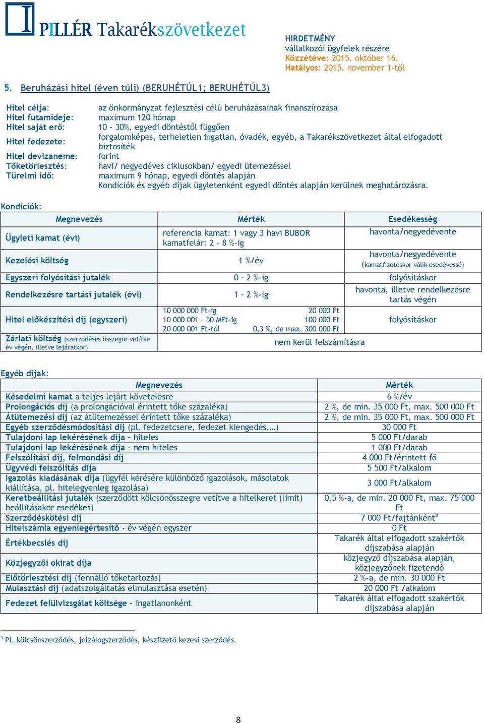 beruházásainak finanszírozása maximum 120 hónap 10 30%, egyedi döntéstől függően forgalomképes, terheletlen ingatlan, óvadék, egyéb, a Takarékszövetkezet által elfogadott biztosíték forint havi/