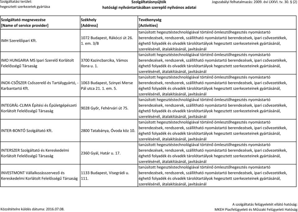 1. em. 5. 9028 Győr, Fehérvári út 75. INTER-BONTÓ Szolgáltató Kft. 2800 Tatabánya, Óvoda köz 10.