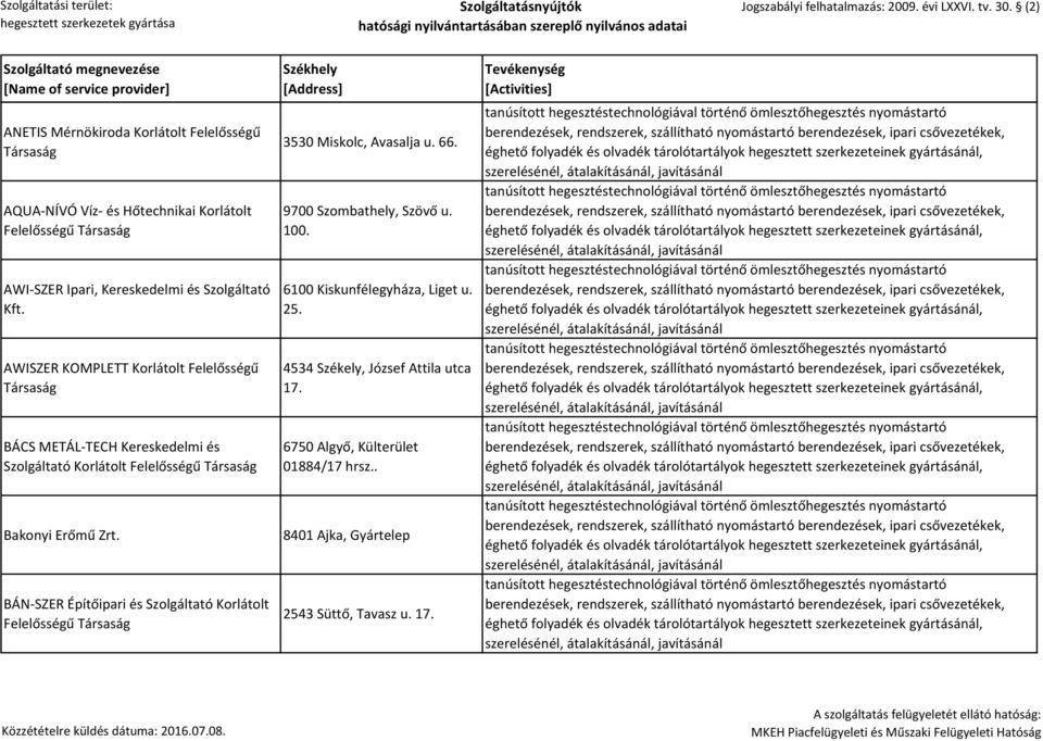BÁN-SZER Építőipari és Szolgáltató Korlátolt 3530 Miskolc, Avasalja u. 66. 9700 Szombathely, Szövő u. 100.