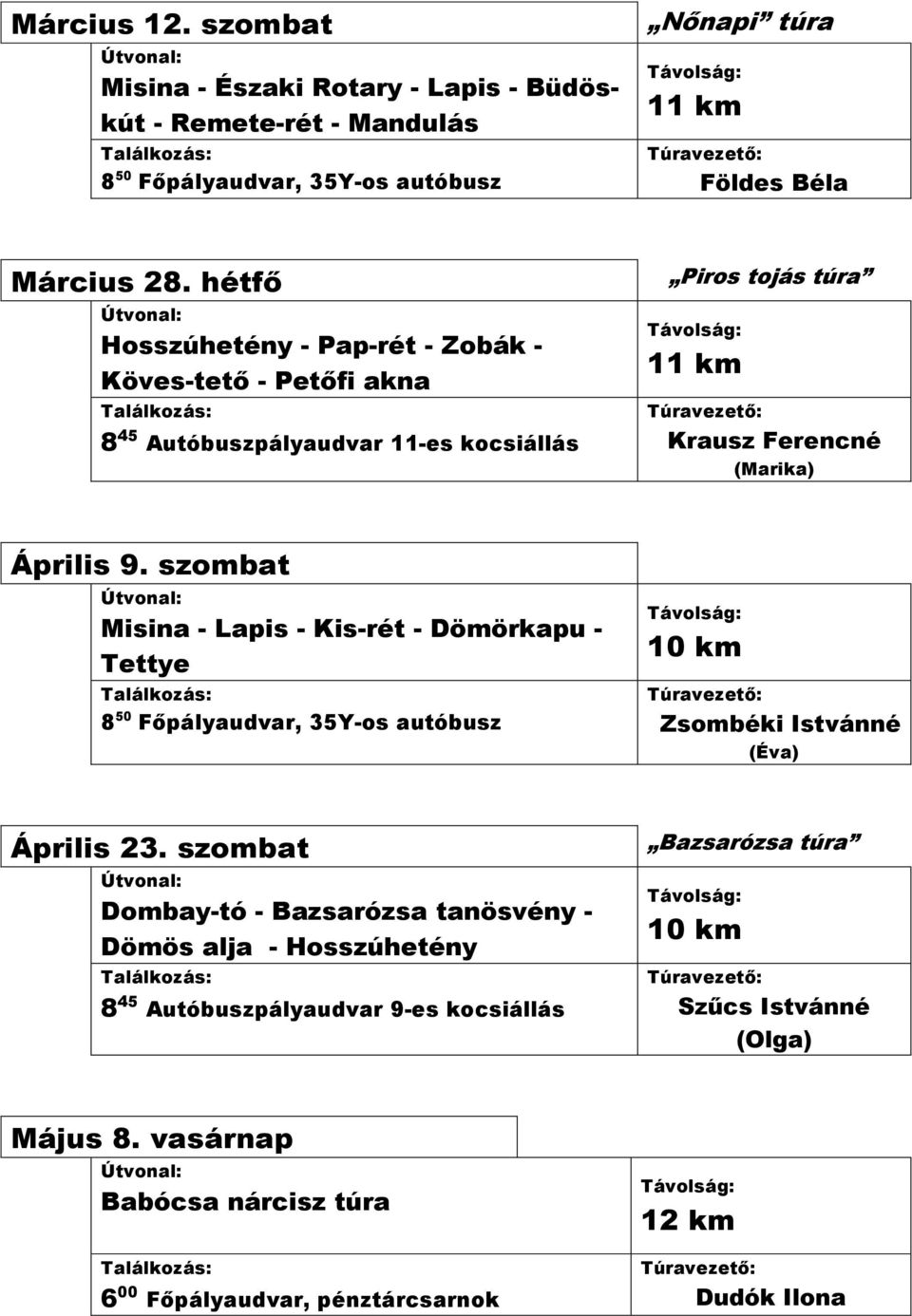 (Marika) Április 9. szombat Misina - Lapis - Kis-rét - Dömörkapu - Tettye Zsombéki Istvánné (Éva) Április 23.