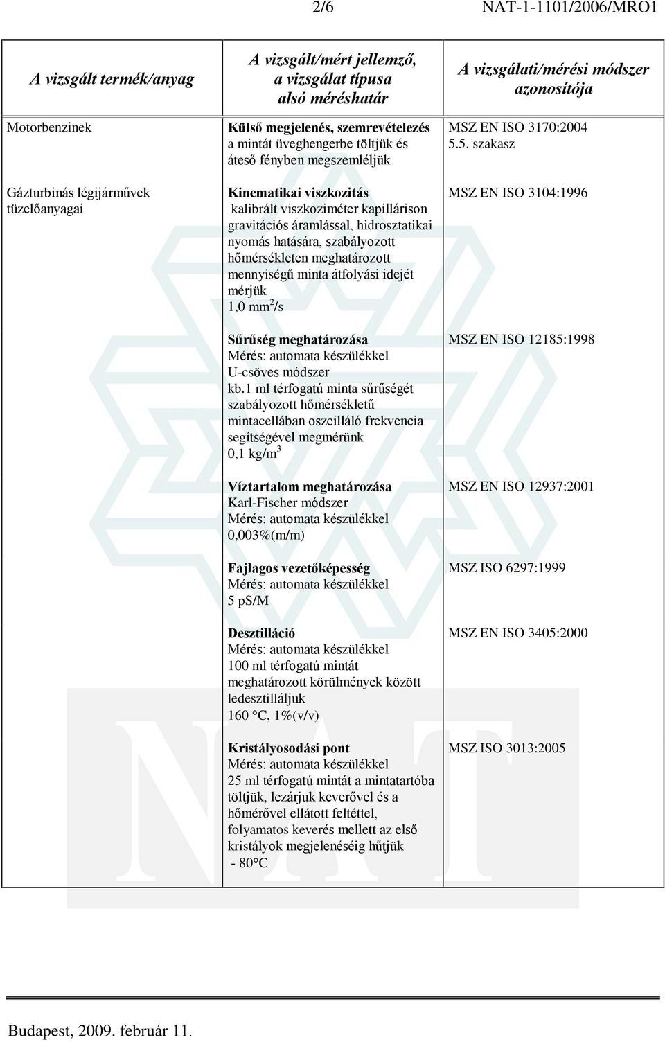 meghatározása Karl-Fischer módszer 0,003%(m/m) Fajlagos vezetõképesség 5 ps/m Desztilláció 100 ml térfogatú mintát meghatározott körülmények között ledesztilláljuk 160 C, 1%(v/v) Kristályosodási pont