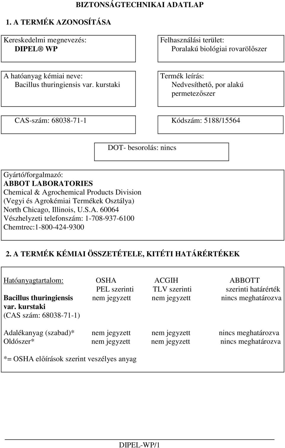 Division (Vegyi és Agrokémiai Termékek Osztálya) North Chicago, Illinois, U.S.A. 60064 Vészhelyzeti telefonszám: 1-708-937-6100 Chemtrec:1-800-424-9300 2.