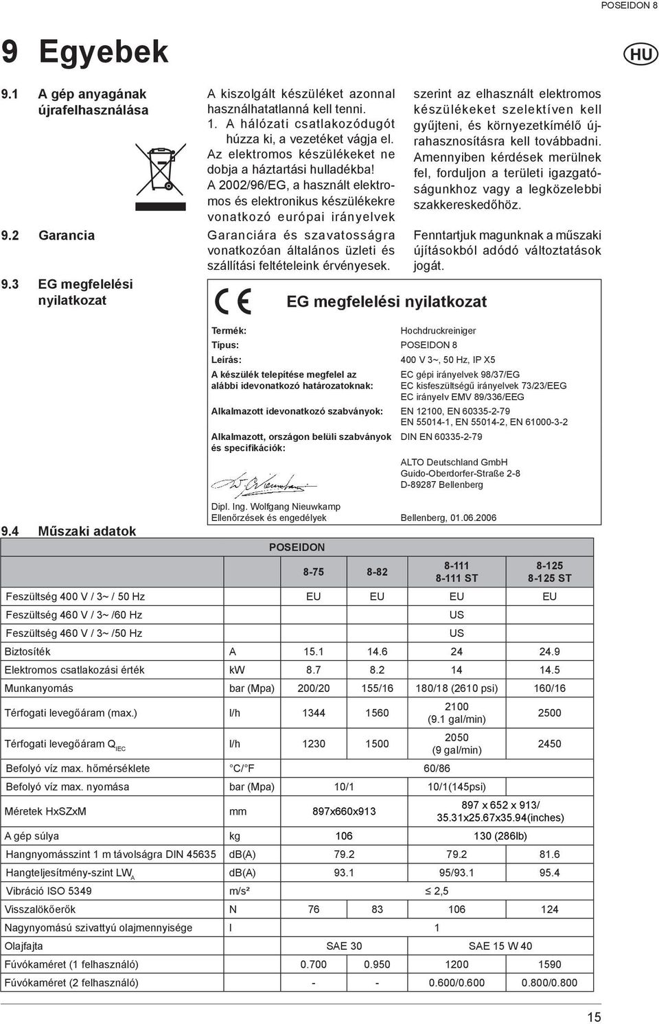 2 Garancia Garanciára és szavatosságra vonatkozóan általános üzleti és szállítási feltételeink érvényesek. 9.3 EG megfelelési nyilatkozat 9.