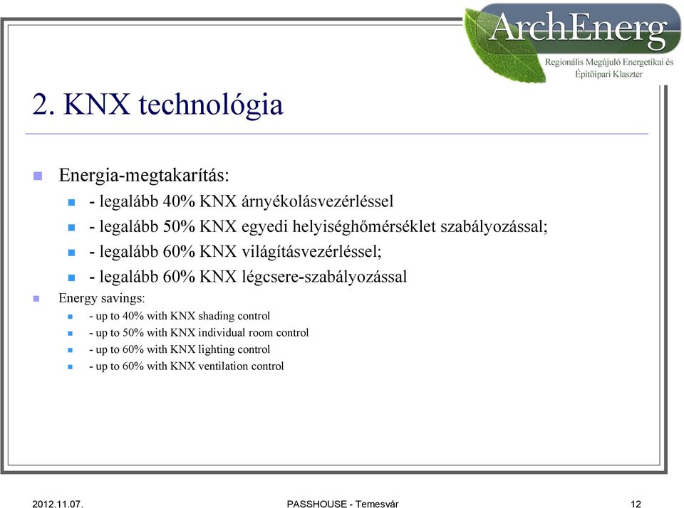 légcsere-szabályozással Energy savings: - up to 40% with KNX shading control - up to 50% with KNX individual