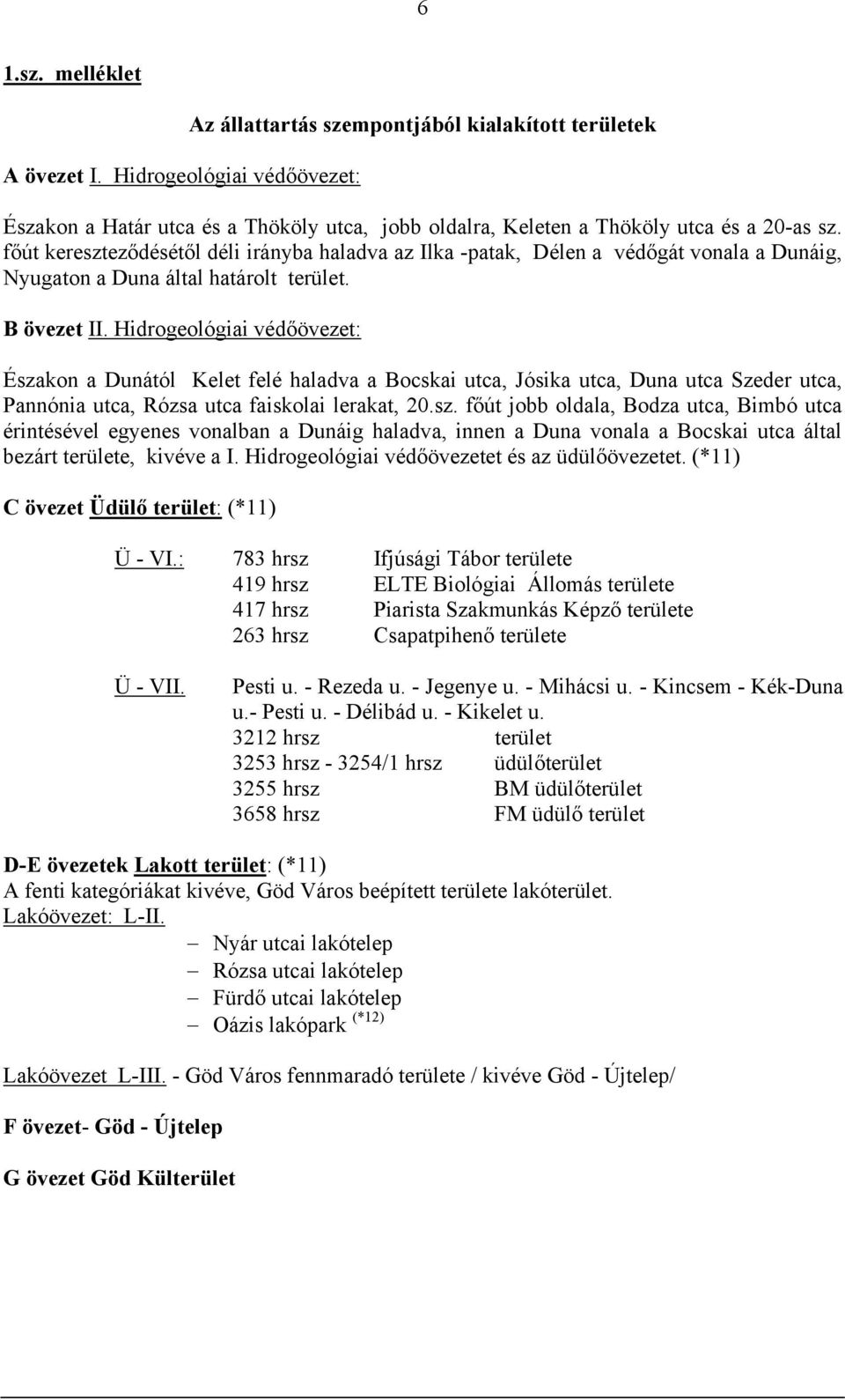 Hidrogeológiai védőövezet: Északon a Dunától Kelet felé haladva a Bocskai utca, Jósika utca, Duna utca Szeder utca, Pannónia utca, Rózsa utca faiskolai lerakat, 20.sz. főút jobb oldala, Bodza utca, Bimbó utca érintésével egyenes vonalban a Dunáig haladva, innen a Duna vonala a Bocskai utca által bezárt területe, kivéve a I.