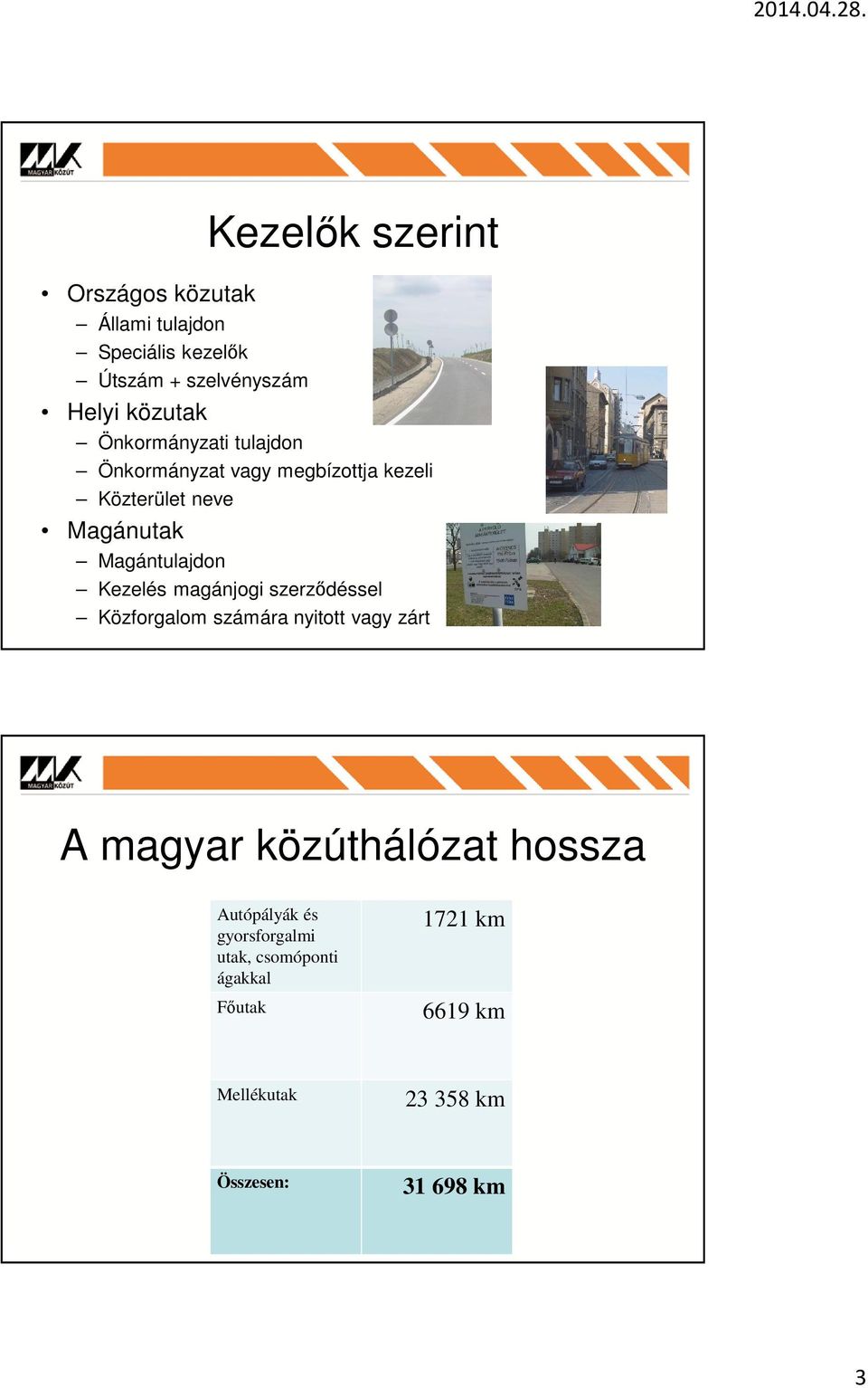 Kezelés magánjogi szerződéssel Közforgalom számára nyitott vagy zárt A magyar közúthálózat hossza