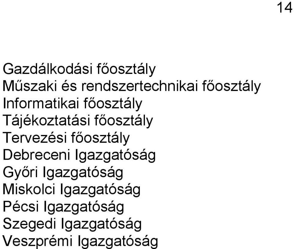 főosztály Debreceni Igazgatóság Győri Igazgatóság Miskolci