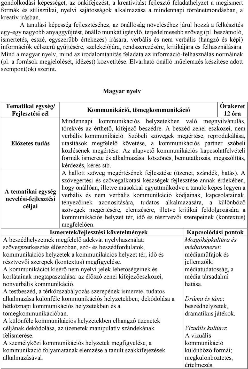 beszámoló, ismertetés, esszé, egyszerűbb értekezés) írására; verbális és nem verbális (hangzó és képi) információk célszerű gyűjtésére, szelekciójára, rendszerezésére, kritikájára és felhasználására.