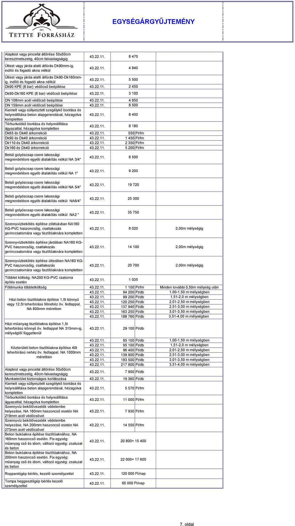 süllyesztett szegélykı bontása és helyreállítása beton alapgerendával, hézagolva 8 400 kompletten Térburkolókı bontása és helyreállítása ágyazattal, hézagolva kompletten 8 180 Dk63 és Dk40