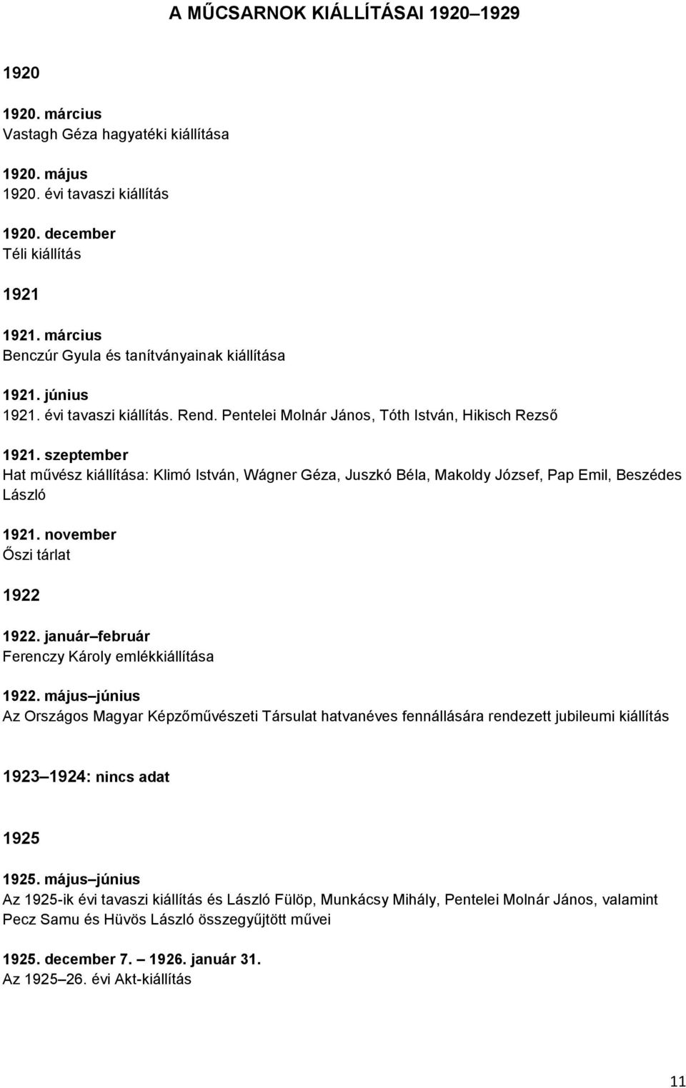 szeptember Hat művész kiállítása: Klimó István, Wágner Géza, Juszkó Béla, Makoldy József, Pap Emil, Beszédes László 1921. november Őszi tárlat 1922 1922.