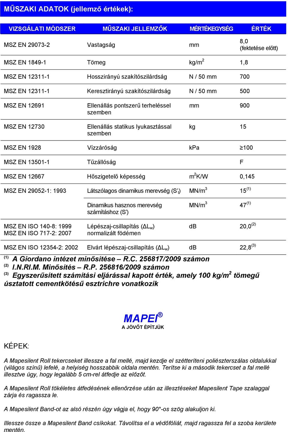 szemben mm 900 kg 15 MSZ EN 1928 Vízzáróság kpa 100 MSZ EN 13501-1 Tűzállóság F MSZ EN 12667 Hőszigetelő képesség m 2 K/W 0,145 MSZ EN 29052-1: 1993 Látszólagos dinamikus merevség (S t ) MN/m 3 15