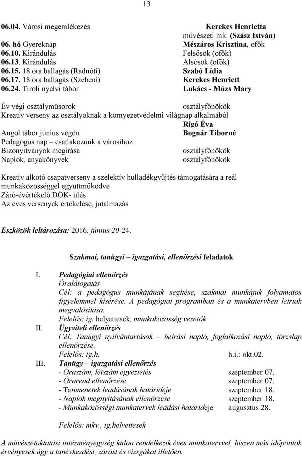 Tiroli nyelvi tábor Lukács - Múzs Mary Év végi osztályműsorok osztályfőnökök Kreatív verseny az osztályoknak a környezetvédelmi világnap alkalmából Rigó Éva Angol tábor június végén Bognár Tiborné