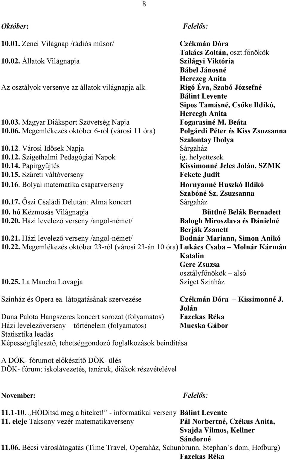 03. Magyar Diáksport Szövetség Napja Fogarasiné M. Beáta 10.06. Megemlékezés október 6-ról (városi 11 óra) Polgárdi Péter és Kiss Zsuzsanna Szalontay Ibolya 10.12. Városi Idősek Napja Sárgaház 10.12. Szigethalmi Pedagógiai Napok ig.