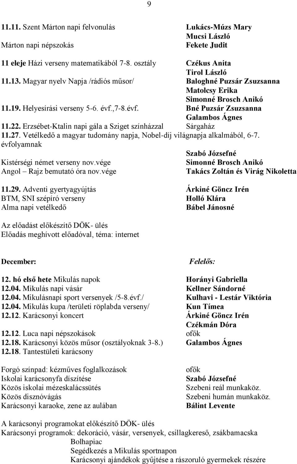 Erzsébet-Ktalin napi gála a Sziget színházzal Sárgaház 11.27. Vetélkedő a magyar tudomány napja, Nobel-díj világnapja alkalmából, 6-7. évfolyamnak Szabó Józsefné Kistérségi német verseny nov.