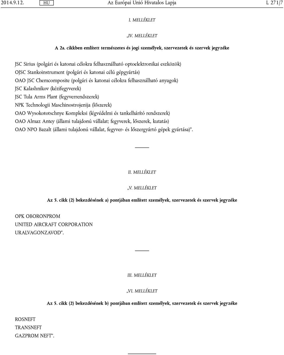 katonai célú gépgyártás) OAO JSC Chemcomposite (polgári és katonai célokra felhasználható anyagok) JSC Kalashnikov (kézifegyverek) JSC Tula Arms Plant (fegyverrendszerek) NPK Technologii