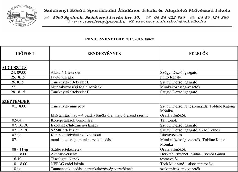 15 Tanévnyitó értekezlet II. Szügyi Dezső igazgató SZEPTEMBER 01. 8.