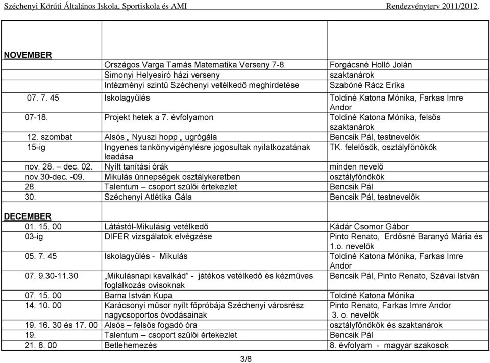 felelősök, osztályfőnökök leadása nov. 28. dec. 02. Nyílt tanítási órák minden nevelő nov.30-dec. -09. Mikulás ünnepségek osztálykeretben osztályfőnökök 28.