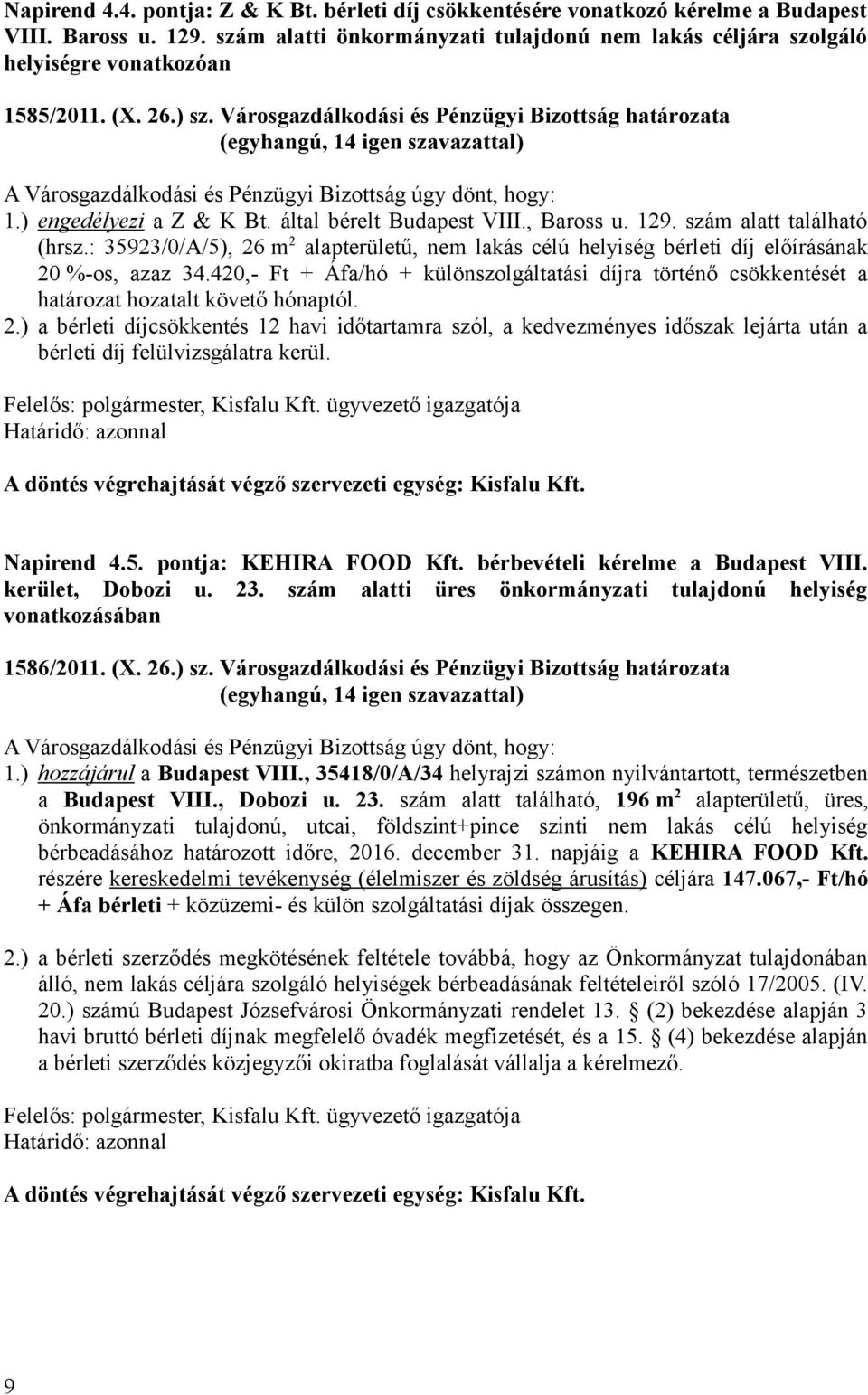 Városgazdálkodási és Pénzügyi Bizottság határozata A Városgazdálkodási és Pénzügyi Bizottság úgy dönt, hogy: 1.) engedélyezi a Z & K Bt. által bérelt Budapest VIII., Baross u. 129.