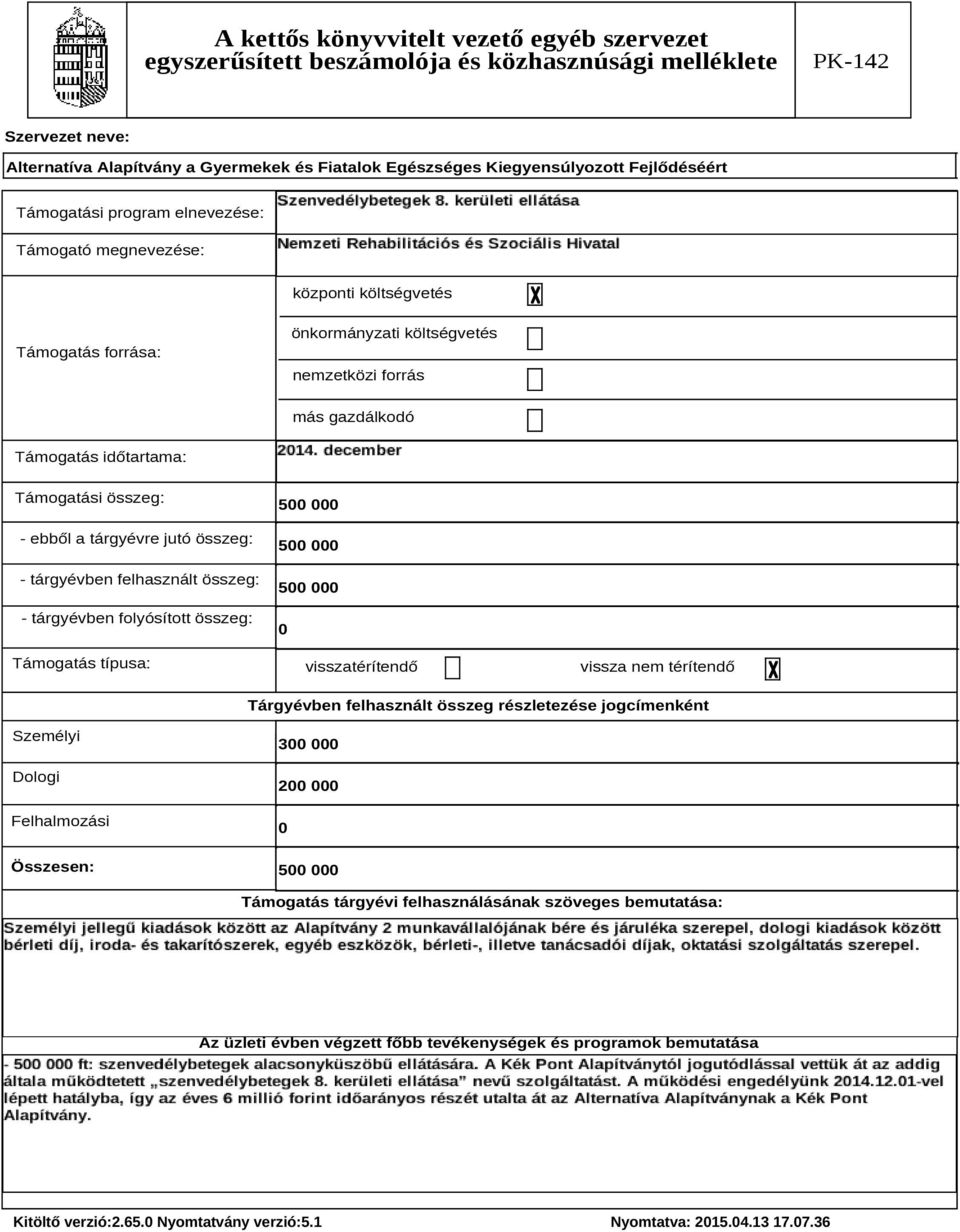 típusa: 500 000 500 000 500 000 0 visszatérítendő vissza nem térítendő Tárgyévben felhasznált összeg részletezése jogcímenként Személyi Dologi