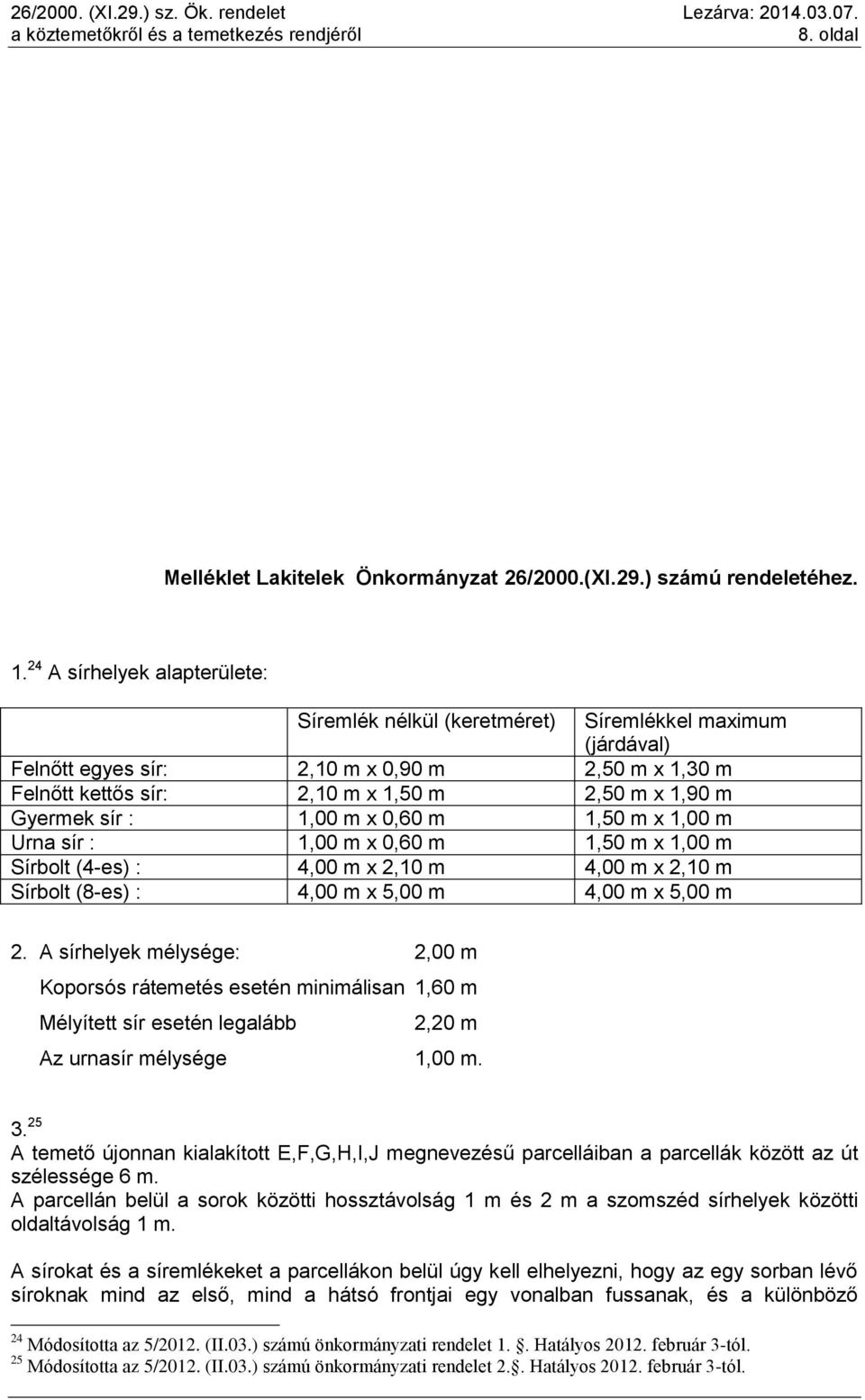 sír : 1,00 m x 0,60 m 1,50 m x 1,00 m Urna sír : 1,00 m x 0,60 m 1,50 m x 1,00 m Sírbolt (4-es) : 4,00 m x 2,10 m 4,00 m x 2,10 m Sírbolt (8-es) : 4,00 m x 5,00 m 4,00 m x 5,00 m 2.