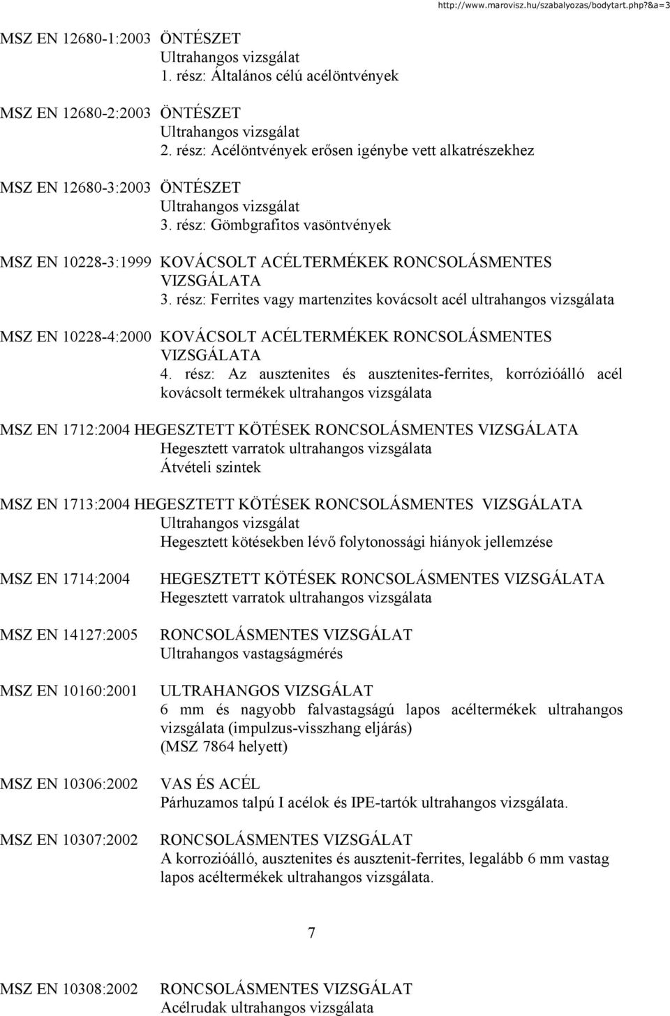 rész: Gömbgrafitos vasöntvények MSZ EN 10228-3:1999 KOVÁCSOLT ACÉLTERMÉKEK RONCSOLÁSMENTES VIZSGÁLATA 3.