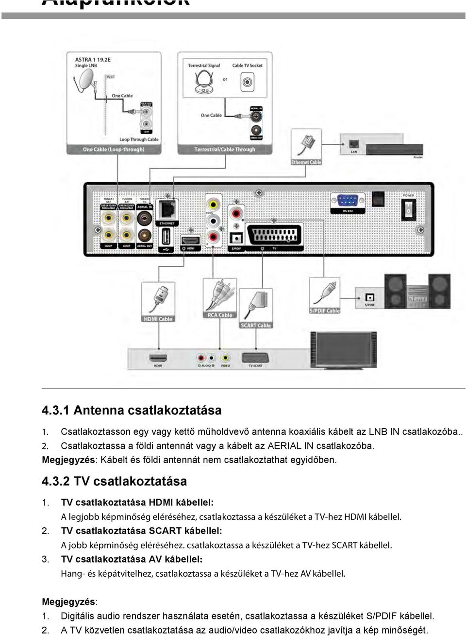 TV csatlakoztatása HDMI kábellel: A legjobb képminőség eléréséhez, csatlakoztassa a készüléket a TV-hez HDMI kábellel. 2. TV csatlakoztatása SCART kábellel: A jobb képminőség eléréséhez.