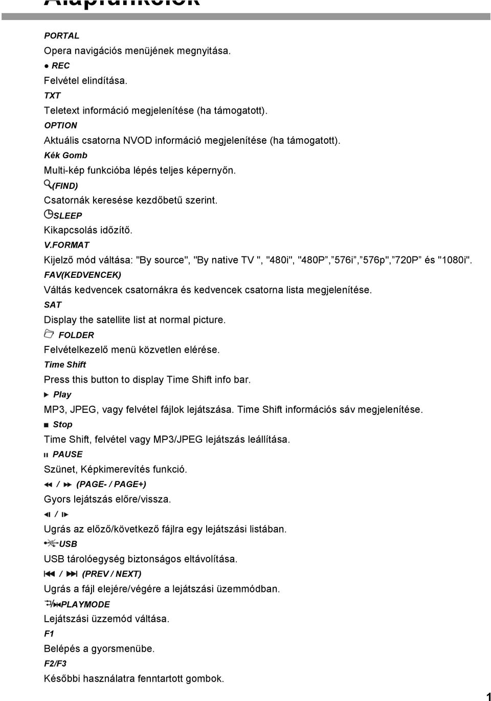 FORMAT Kijelző mód váltása: "By source", "By native TV ", "480i", "480P, 576i, 576p", 720P és "1080i". FAV(KEDVENCEK) Váltás kedvencek csatornákra és kedvencek csatorna lista megjelenítése.