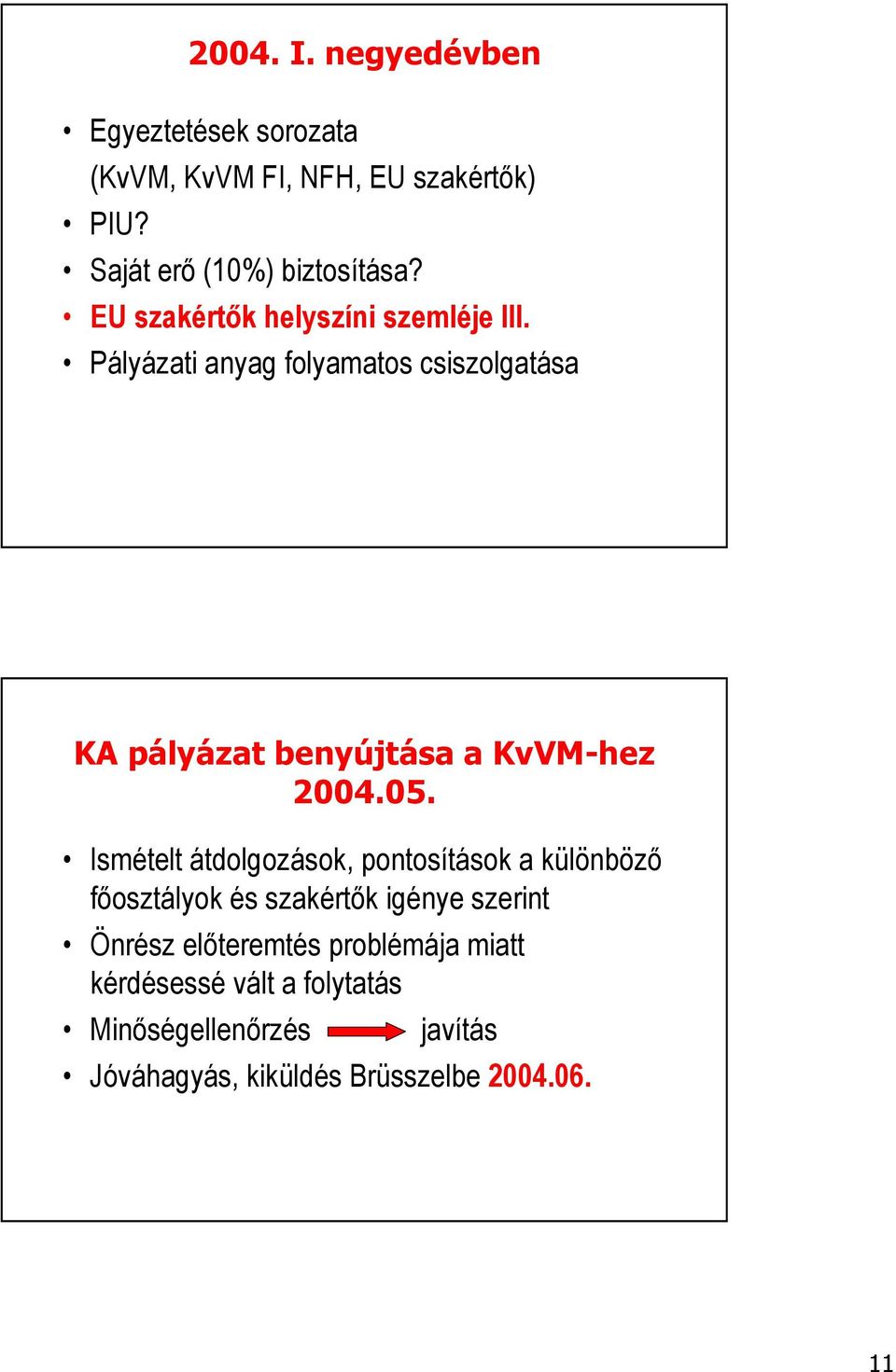 Pályázati anyag folyamatos csiszolgatása KA pályázat benyújtása a KvVM-hez 2004.05.